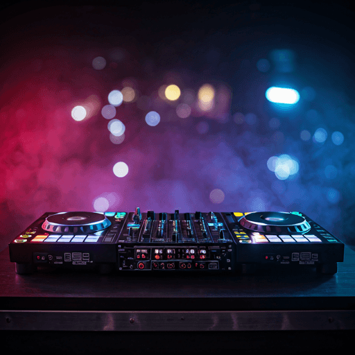 DJ booth with professional mixing deck in a dark atmospheric club setting